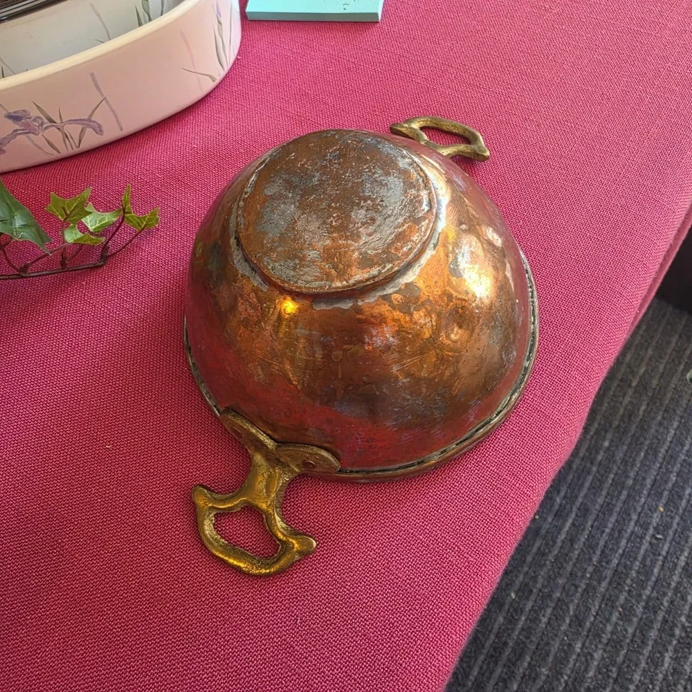 Antique Primitive 18th/19th Century Tinned Copper Bowl Solid Brass Handles